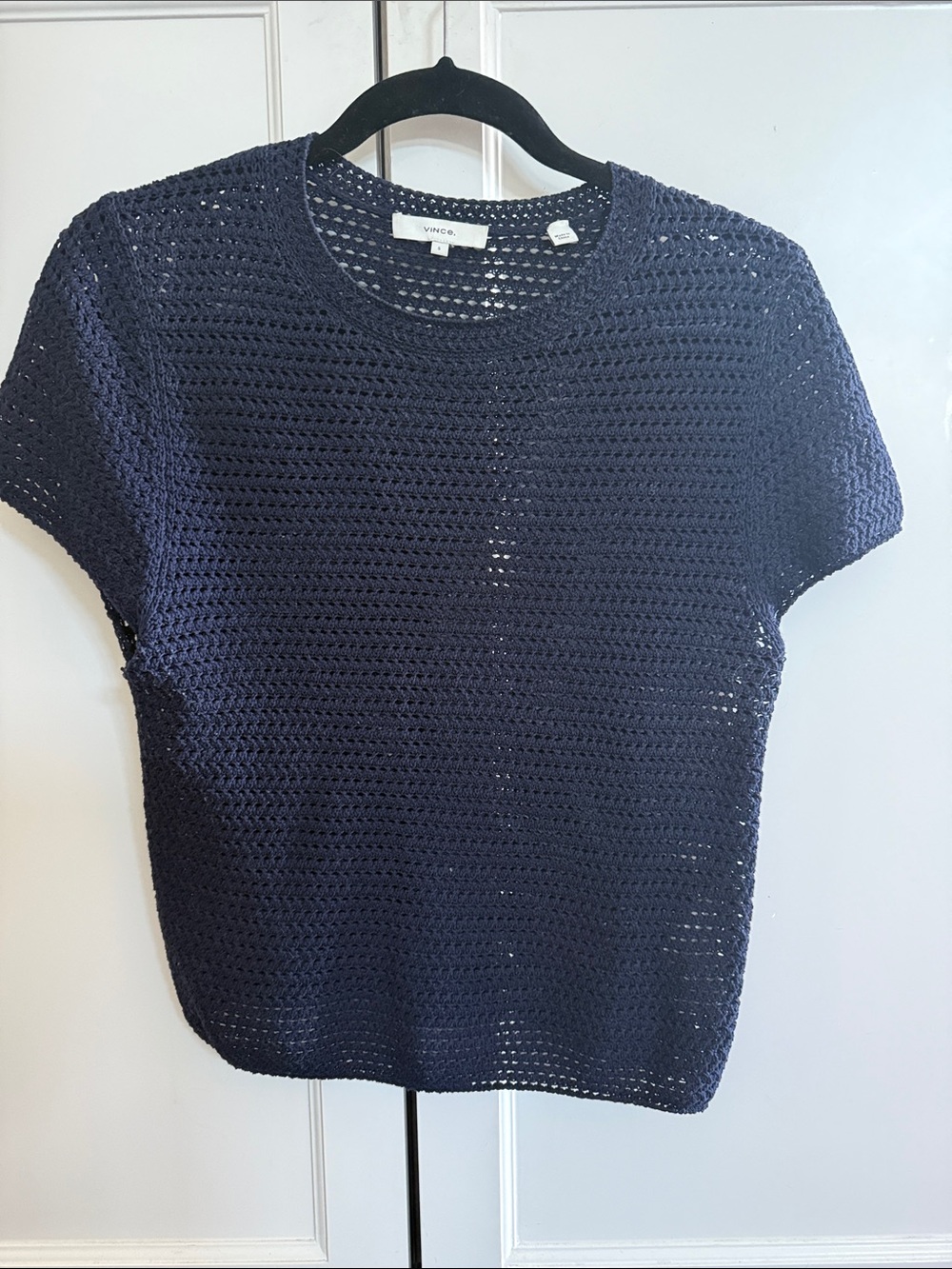 Vince Navy Open-Weave Short Sleeve summer sweater
